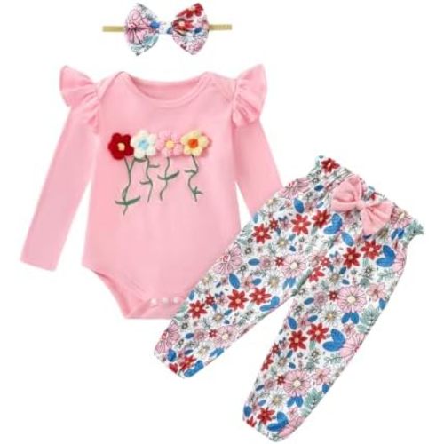 Baby Girl Outfits Long Sleeve Ruffle Romper and Pants Sets 0-18M