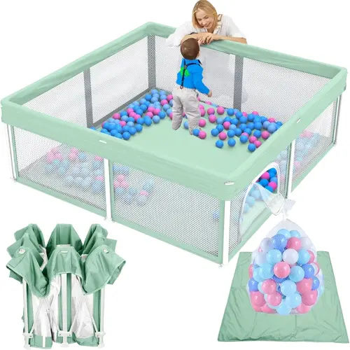 TOREVSIOR Foldable Baby Playpen with Mat, 50"×50" Collapsible Play Pen for Babies and Toddlers, Indoor & Outdoor Kids Safety Play Pen, Portable Play Yard, Foldable Baby Playpen with 50 Ocean Balls