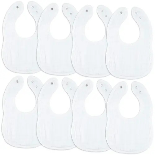 Comfy Cubs Muslin Baby Bibs, Pack of 8 - Soft and Highly Absorbent, Feeding, Teething and Drool Bib, Adjustable Snaps - Stylish & Colorful Unisex Designs, Giftable Set - White