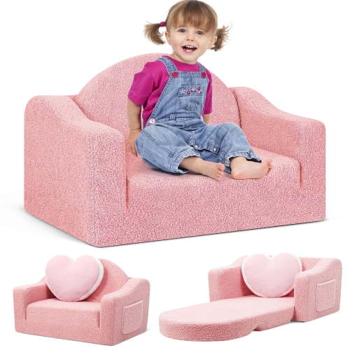 babyeap Kids Sofa,2-in-1 Soft Toddler Couch Fold Out,Toddler Chair Baby Convertible Couch for Girls and Boys,Pink