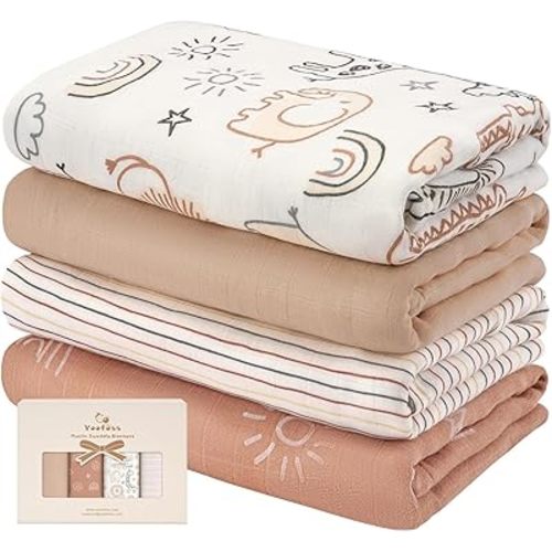 Yoofoss Lot de 4 couvertures d'emmaillotage en mousseline douce et respirante pour garçons et filles, 119,4 x 119,4 cm, animaux marron