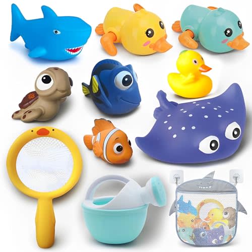 Bath Toys for Kids Ages 1-3, No Hole Bath Toys for Babies 6-12 Months, Wind-up Ducks Baby Pool Toys, Rubber Duck Watering Can Fishing Net Water Toys for Toddlers, Bath Toy Storage, Halloween Toy