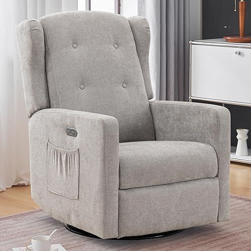 Power Swivel Rocking Recliner Chair, High Back Electric Rocker Nursery Glider Chair, USB and Type-C Ports, Upholstered Fabric Reclining Single Sofa Chair for Living Room (Grey)