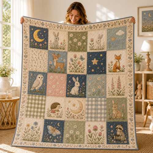 Woodland Animals Quilt Blanket, Cute Forest Creature Patchwork Blanket, Bunny Deer Fox Nursery Bedding, Cottagecore Floral Throw, Baby Gift