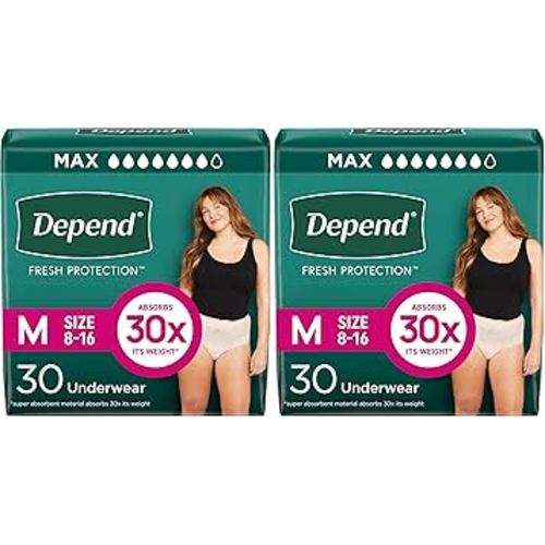 Depend Incontinence Underwear for Women, Medium, 60 Count | Maximum Protection | Blush | Disposable
