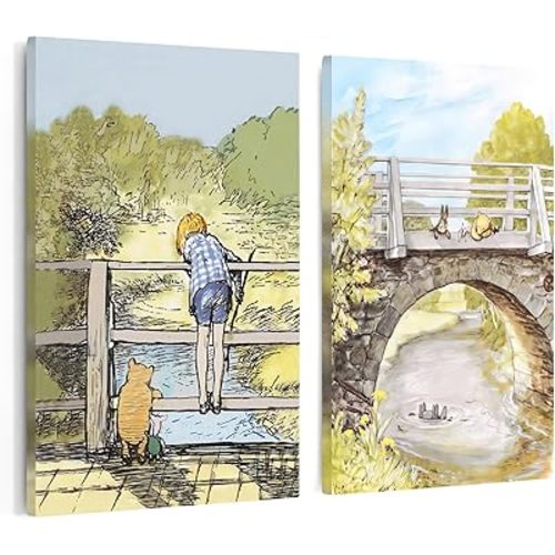 Poster Master 2-Piece Vintage Winnie Pooh and Friends Canvas - Winnie Pooh on Stone Bridge Print - Story Book Art - Aesthetic Kid's Room or Nursery Decor - Available in 8x10 to 30x40
