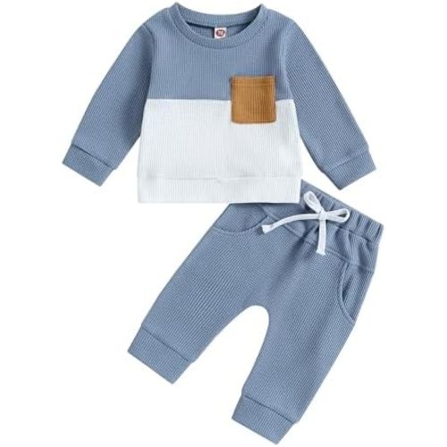 Baby Boy Clothes Waffle Knit Contrast Color Sweatshirt and Pants 2 Piece Set Toddler Fall Winter Casual Outfits