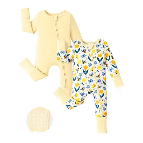 PATPAT Baby Footie Mitten - Supersoft Bamboo Viscose - Infant Clothes Girls Boys - 2 Way Zipper Anti Slip Long Sleeve Romper