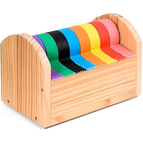 Kids Masking Tape Dispenser, Wooden Multi Roll Craft Tape Dispenser, Washi Tape Holder Organizer, Cutter for Gift Wrapping, Gift for Children Office Home School, Acrylic Serrated Cutter