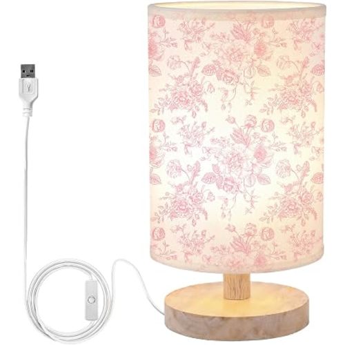 Lewtemi Pink Flower Small Table Lamp Bedside Floral Lamp with USB Ports for Bedroom Floral Linen Lampshade with Wood Base for Bedroom Living Room Nightstand Girls Nursery Desk Decor