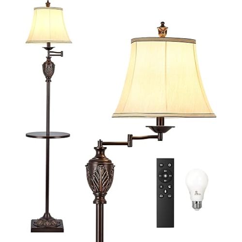 Traditional LED Floor Lamp with 350° Adjustable Swing Arm Lamp – Vintage Standing Pole lamp for Living Room, Bedroom and Office – Rustic Upright Floor Light for Home Décor with Silk Fabric Shade