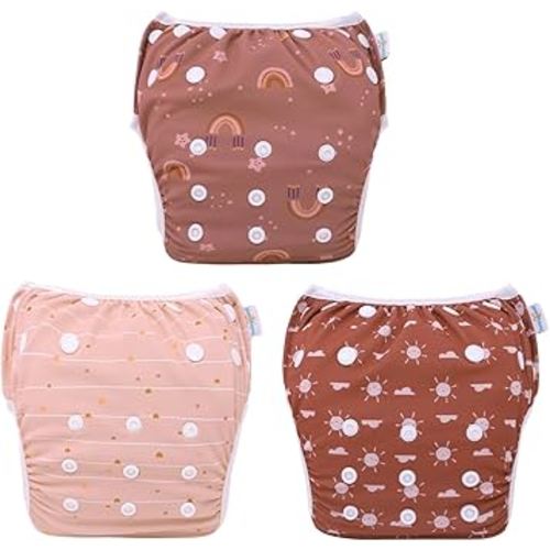 Babygoal Swim Diapers 3 Pack for 0-8M Newborn and Baby, Reusable Adjustable Washable for Swimming Lessons 3SD40-B