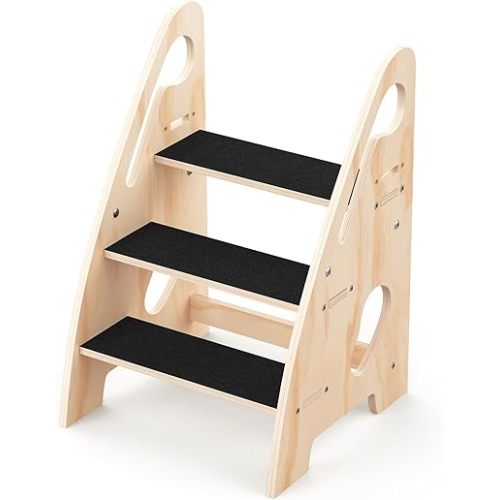Toddler Step Stool, Wooden Height-Adjustable 3-Step Stool for Kids, Potty Training Stool with Handles and Non-Slip Pads for Bathroom Sink, Kitchen, Bedroom