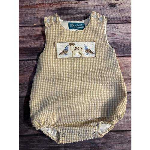 Quail and Spaniel Baby Boy Tan Seersucker Bubble