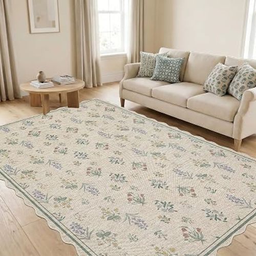 ORTIGIA Scalloped Easy Jute 5x7 Area Rug Washable Non-Slip, Vintage Floral Farmhouse Indoor Outdoor Carpet for Living Room Bedroom Patio Entryway