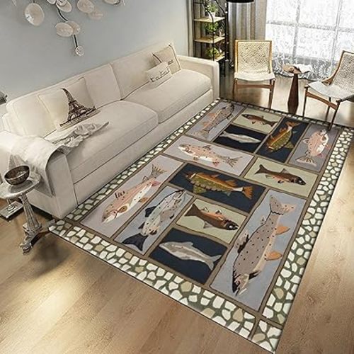 Fishing Area Rug, 5x7ft, Kids Boys Girls Farmhouse Wild Animal Printing Rug, Living Room Bedroom Retro Family Contemporary Geometry Design Carpet, Sea Bass Decor Floor Mat Accent Rug