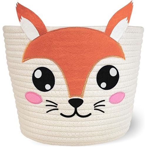 10x8" Squirrel Cotton Rope Baby Laundry Basket for Boys & Girls, Woodland Nursery Decor, Nursery Storage Basket for Essentials like Diapers, Wipes, Towels, Perfect for Baby Shower Gifts, Machine Wash