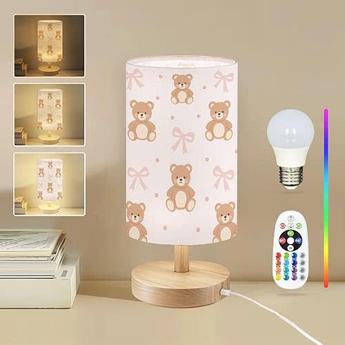 Round Table Lamp for Bedroom Coquette Teddy Bear Pink Ribbon Bow Seamless Light Pink Beside Lamps Desk lamp with Wood Base Nightstand Lamps for Nursery Living Room Home Decor