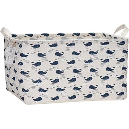 Sea Team 16.5" x 11.8" x 9.8" Square Natural Linen & Cotton Fabric Storage Bins Shelves Storage Baskets Organizers for Nursery & Kid's Room (Whale)