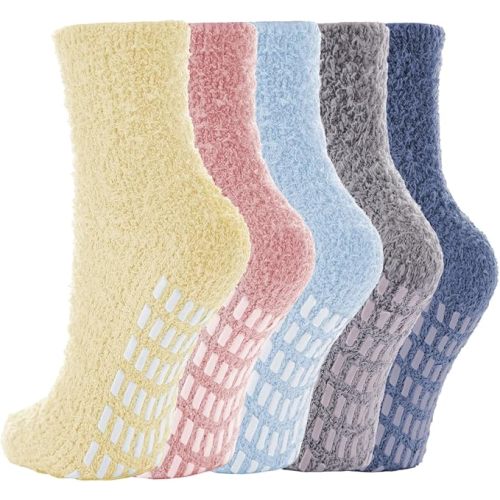5 Pairs Fuzzy Socks with Grips for Women, Non Slip Cozy Fluffy Soft Socks, Winter Sleep Slipper Hospital