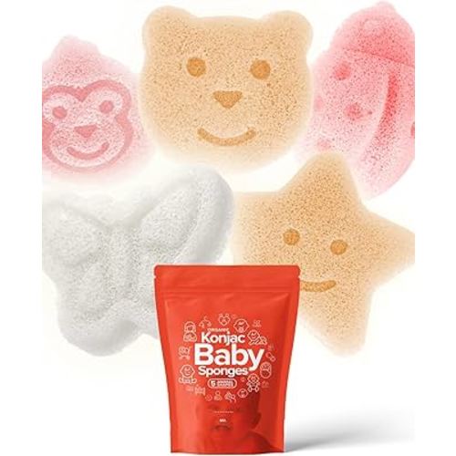 Konjac Baby Sponge for Bathing | Natural Cute Shapes | Kids Bath sponges for Infants | Toddler Bath time | Safe Organic Plant-Based | 5pcs Set : Bear, Monkey, Butterfly, Ladybug, Star