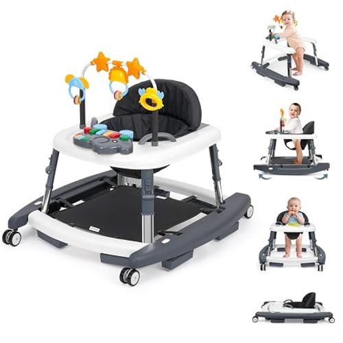 5-in-1 Music and Lights Foldable Baby Walker, Baby Walker with Wheels Portable with 5 Adjustable Heights, Infant Toddler Walker for Baby Boy Girls 6-18 Months（Grey）