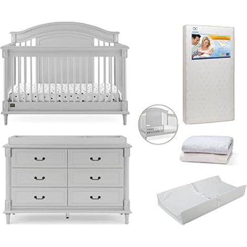 Simmons Kids Juliette 7-Piece Baby Nursery Furniture SetIncludes: Convertible Crib, Dresser, Changing Top, Crib Mattress, Sheets, Toddler Guardrail & Changing Pad, Moonstruck Grey