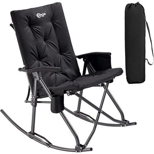 Portal Folding Rocking Chair Indoor & Outdoor Thick Padded Rocking Recliner Chair Portable Camping Rocker for Patio Front Porch Backyard Lawn Living Room, Supports 400 LBS, Black