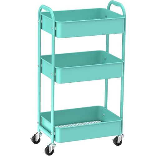 MAX Houser 3-Tier Rolling Utility Cart with Caster Wheels,Easy Assembly, for Kitchen, Bathroom (Turquoise)