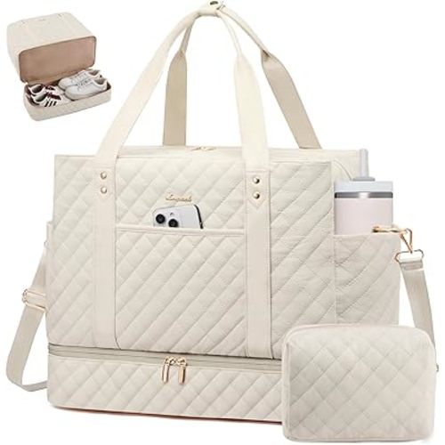LOVEVOOK Large Travel Duffle Bag for Women, 45L Weekender Bags with Shoe Compartment & Wet Pocket, Quilted Carry On Personal Item Bag, Overnight Hospital Bags for Labor Delivery Beige