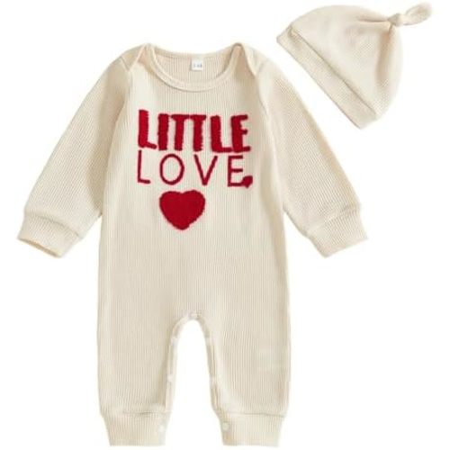 Kuriozud Newborn Baby Boy Valentines Day Outfit Little Love Letter Embroidery Romper Waffle Bodysuit Jumpsuit with Hat Set