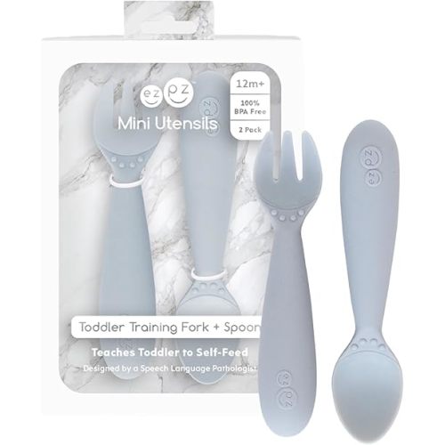 ezpz Mini Utensils - 12 Months+ (Fork & Spoon in Pewter) - 100% BPA Free Fork and Spoon - Toddler Utensils - Designed by a Pediatric Feeding Specialist