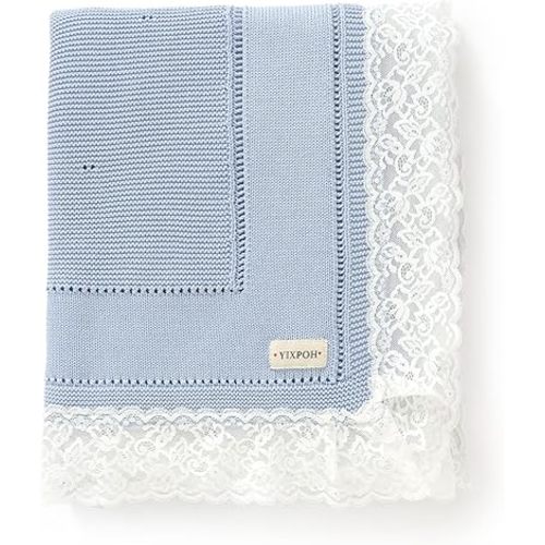 100% Organic Cotton Baby Blanket Knitted Softer Receiving Swaddle Warm Cozy Cuddle Crib Blanket for Newborns Infants Toddlers Boy and Girls Sky Blue