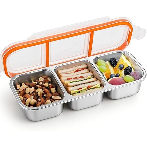 Juome Stainless Steel Snack Containers, Reusable 3 Compartment Snack Containers with Lids for Kids, Divided Food Storage Containers Condiment Box Sauce Cups for School, Travel, Home
