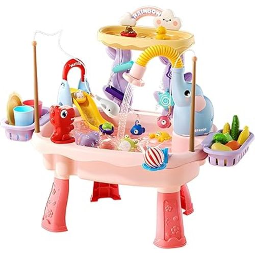 Sand and Water Table for Kids with Electric Pump, 4-in-1, Pink