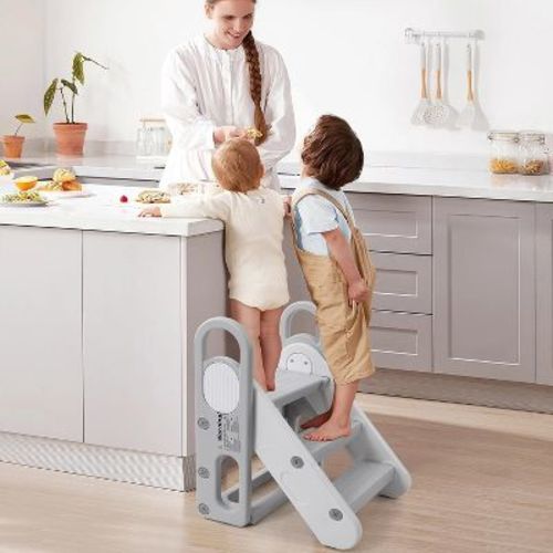 Foldable Step Stool for Bathroom Sink, Toddler Adjustable 3 Steps Stool with Handles, Kids Step Stool for Counter, Toilet Potty Training Grey