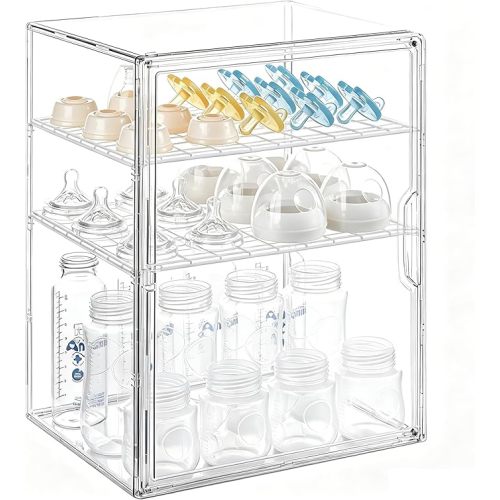 Clear 3-Tier Baby Bottle Organizer with Magnetic Door, Acrylic Dustproof Nursery Storage Box with Removable Dividers, Countertop Feeding Bottle Holder for Baby Supplies, Kitchen, Bathroom Vanity