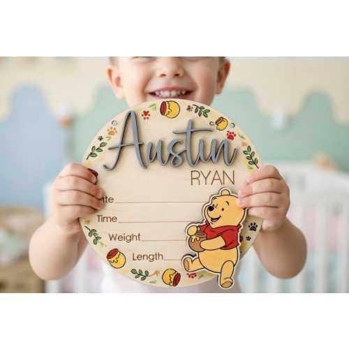 Personalized Pooh Wooden Baby Birth Stats Sign, Custom Name Disney Winnie Door Hanger, Nursery Decor Birth Announcement Newborn Gift