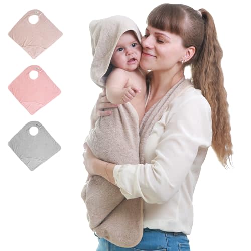 KELRICER Hooded Baby Towels for Newborn, Hands Free Baby Hooded Bath Towel, Oversized Baby Towel with Super Absorbent 100% Cotton, 35.4 * 35.4 Inch Full Coverage Kids Bath Towel (Khaki)