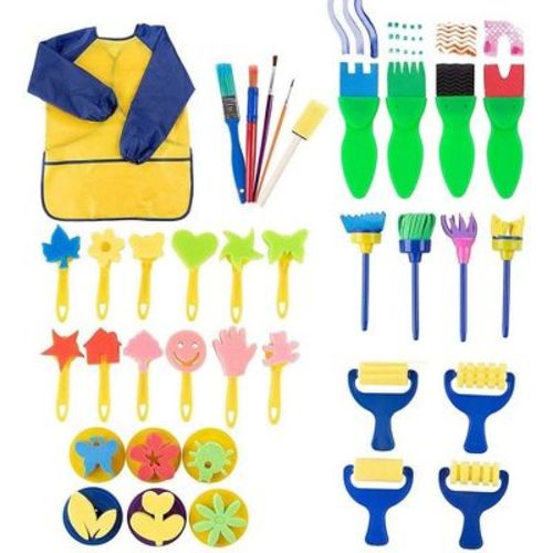 Imagine Studios 36 Piece Painting Kit for Kids with Foam Paint Brushes, Rollers, Stamps, and Small Apron
