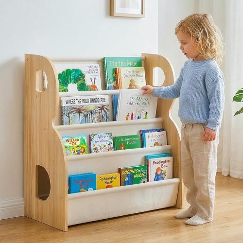 XiaZ Child Book Shelf Wooden Montessori Toddler Bookshelf Solid Pine B-Frame Book Shelf with Handle, Portable Double-Sided Kids Nursery Book Organizer Bookcase Easy Install for Study Room
