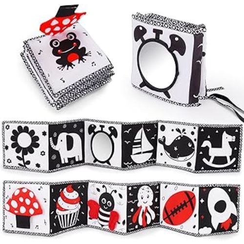 Black and White High Contrast Toys for Baby 0-3 3-6 months Infant Tummy Time Soft Book Sensory Musical Toy 0-2-4-6 month Babies Brain Development Crinkle Book Mirror Newborn Christmas Stocking Stuffer
