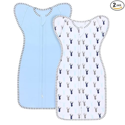 Transition Swaddle Baby Sleep Sack 0-3 Months Arms up Swaddles 2-Way Zipper 100% Cotton Arms in/out, 0.8 Tog Baby Swaddles for Newborn Boy Girl, 2-Pack Transitional Swaddle Sack (Small 5-14lbs)