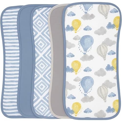 Featherhead™ 5-Pack Muslin Burp Cloths for Baby Boy Large 22" X 11" - Ultra Soft & Extra Absorbent Cotton Terry Backing (Blue Balloons)