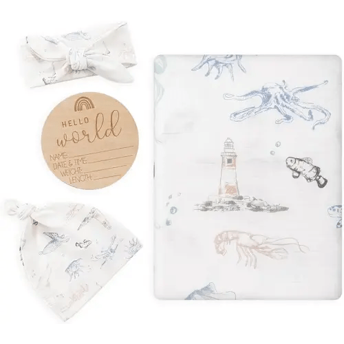 BabyWhale Muslin Swaddle Blanket with Hat and Headband Bow, Marine Animals Pattern Swaddle Set for Baby Boys & Girls, Unisex Newborn Soft Receiving Swaddle Wrap, 47x47 inches