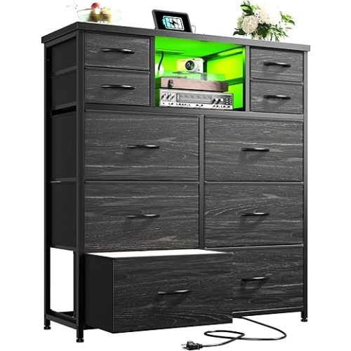 Romorgniz Black Dresser for Bedroom with 10 Drawers, LED & Charging Station