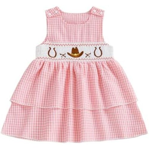 Toddler Baby Girl Smocked Cowgirl Dress Cowboy Hat Embroidery Gingham Sleeveless Tiered Ruffle Dress Western Outfit