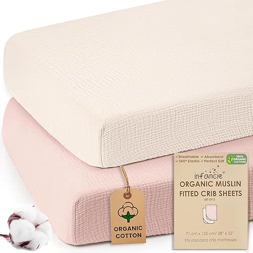 100% Organic Cotton Muslin Crib Sheets (Set of 2) – Soft & Breathable Fitted Sheets for Boys and Girls, Neutral Colors – Fits Standard Baby Crib Mattress (28 x 52 Inches) (Peach/Ivory)