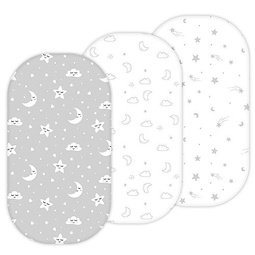 Bassinet Sheets for Baby Delight Snuggle Nest, Beside Me Doze, Snoo Smart, Fisher Price by TansyPanda, 3PC, 32 x 17 Inch, Ultra Soft, Breathable, Snug Fit, Unisex Boys, Girls (Moon, Stars, Clouds)