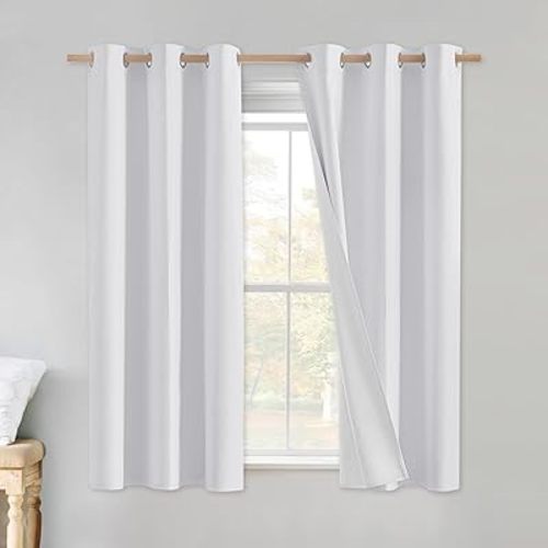 NICETOWN 100% Absolutely Blackout Linen Curtains with Thermal Insulated White Liner, White, 42 inches Wide, 54 inches Length Energy Saving Curtains for Cupboard 2 Panels Set, Vertical Blinds